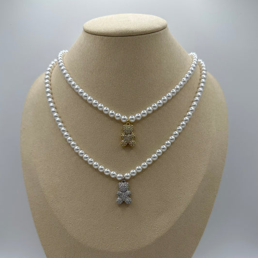 Teddy Rhinestone Pearl Necklace